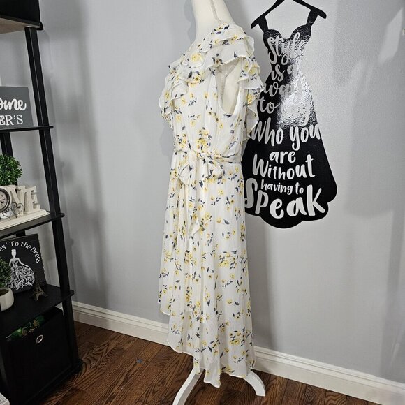 DKNY Ruffle Flutter Sleeve Floral Belted Hi-Lo Midi Dress New - Picture 7 of 14